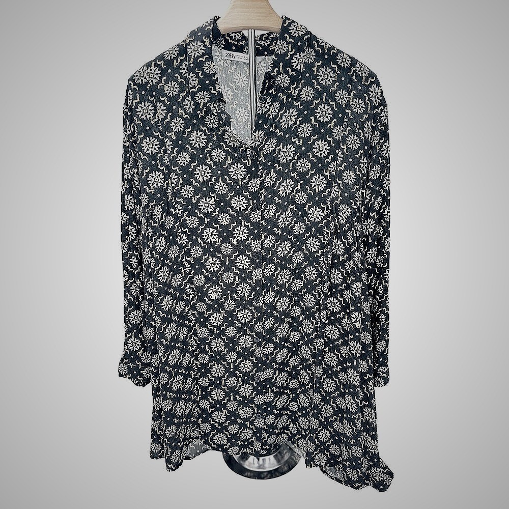 Zara Womens Black Gray Gold Emblem Print Long Sleeve Mini Dress  Size M